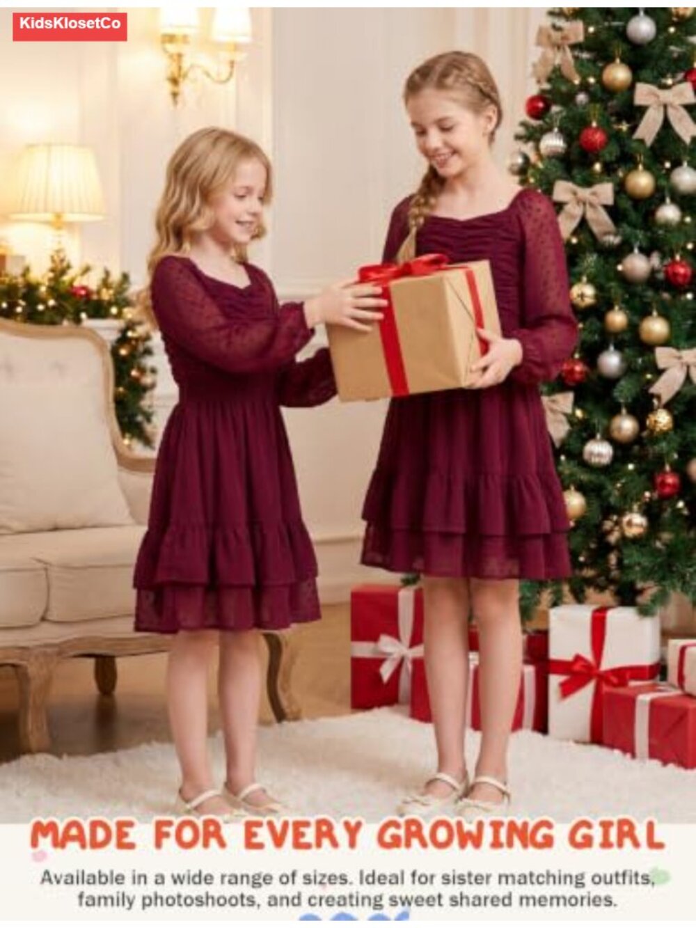 Girls Swiss Dot Chiffon Dress Long Sleeve A-Line Ruffle Casual Party - Picture 5 of 6